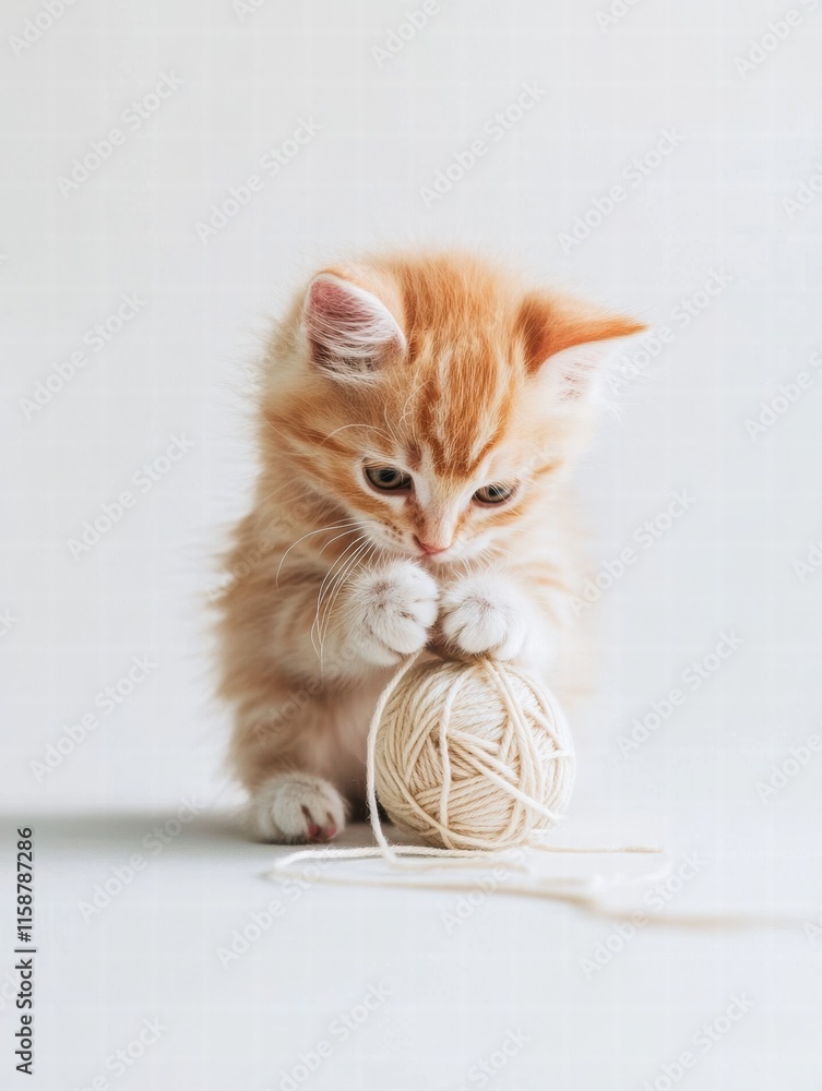 Aufkleber cute kitten enjoys playful antics with a ball of yarn in a bright indoor space during the afternoon.