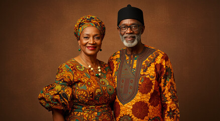 Obraz premium Senior African couple, portrait with traditional clothes, love and heritage concept. Mature, ethnic people with happiness and culture in studio for family or celebration