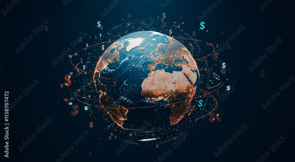 Poster planet earth, digital globe and world map with network, internet and data connection for global fina