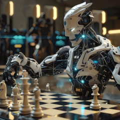 Fototapeta premium robot playing chess. The robot has a complex mechanical structure, with many screws, cables and luminous elements. 