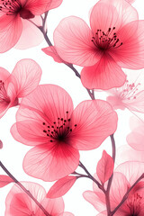 Obraz premium Pink Cherry Blossoms, Delicate Petal Texture, Symmetric Arrangement, Harmonious Visual Flow, Repeating Design, Thin Green Stems, Unadorned Background, Commercial Applications