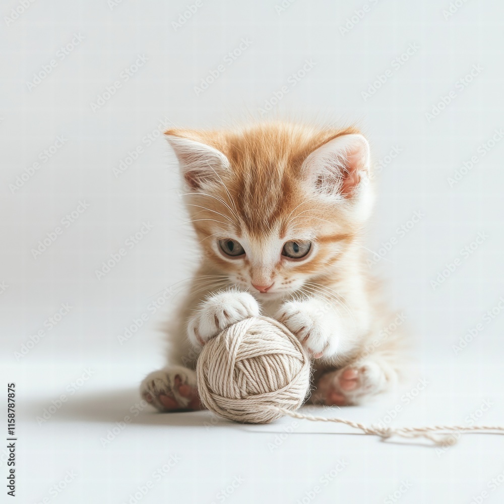 Poster cute kitten joyfully playing with a ball of yarn on a soft surface during bright daylight hours. gen