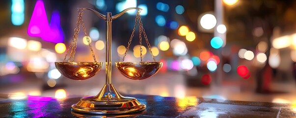 A golden scale balances in a blurred night scene, symbolizing justice and fairness amidst colorful city lights.