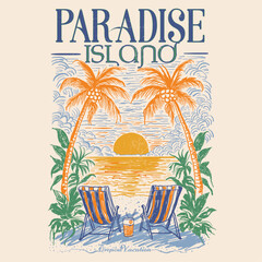Paradise Island. Coconut Tree. palm tree beech vector. Tropical Vacation. retro prints. summer beach prints. girls summer graphics. t shirt design. sunset sunrise vibes.
