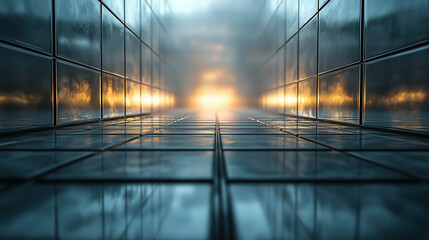 Dynamic 3D Space Design with Glass Tiles, Air Puffs, and Fluorescent Light Rays in a Gray Background