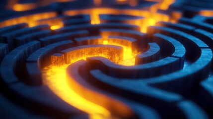 Glowing path in a dark stone fingerprint maze.