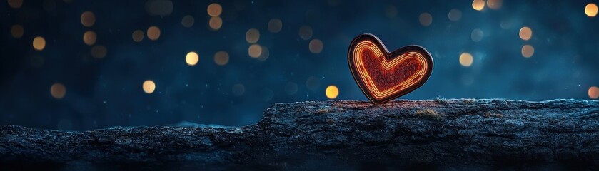 Fototapeta premium Glowing Heart Shape on Rustic Wood with Sparkling Lights in Background at Night
