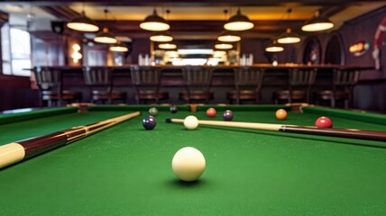Billiard table with a white ball in focus, set in a vibrant snooker club atmosphere
