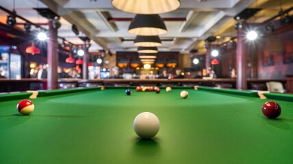 Billiard table with a white ball in focus, set in a vibrant snooker club atmosphere