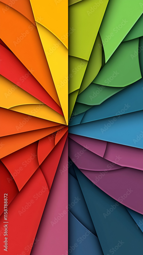 Poster vibrant rainbow geometric design, layers of color create a dynamic, abstract, visually captivating a