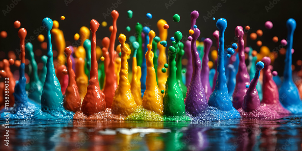 Poster vibrant rainbow paint splashes in action, creating a stunning visual symphony of color and movement.