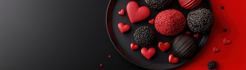 Obraz premium Assorted Chocolate Treats on a Decorative Plate with Hearts for Valentine's Day Celebration