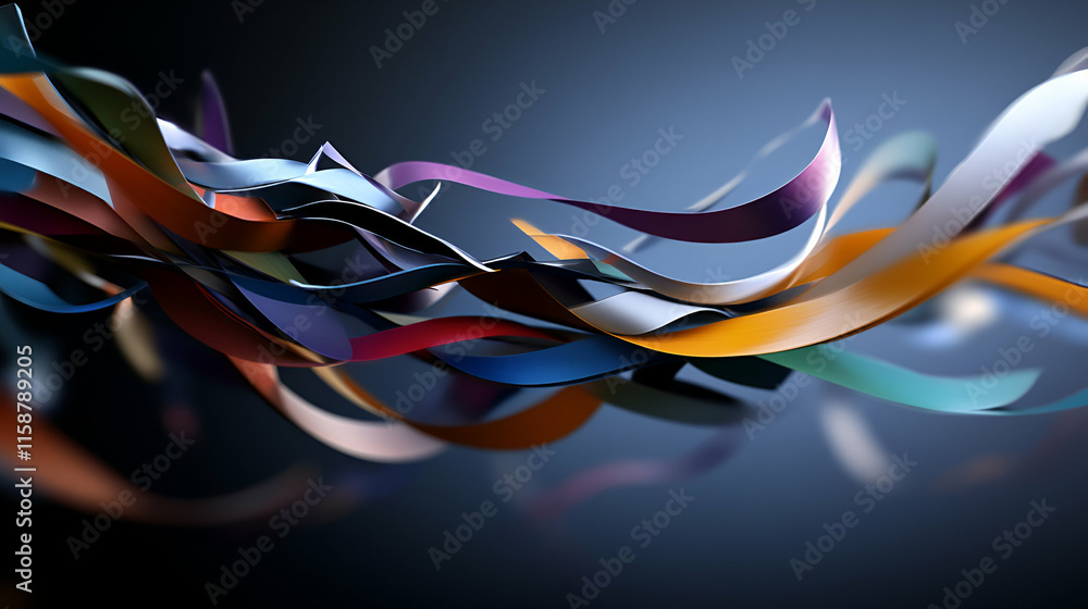 Poster abstract colorful ribbons flowing dynamically, showing graceful curves and vibrant hues in a dark se