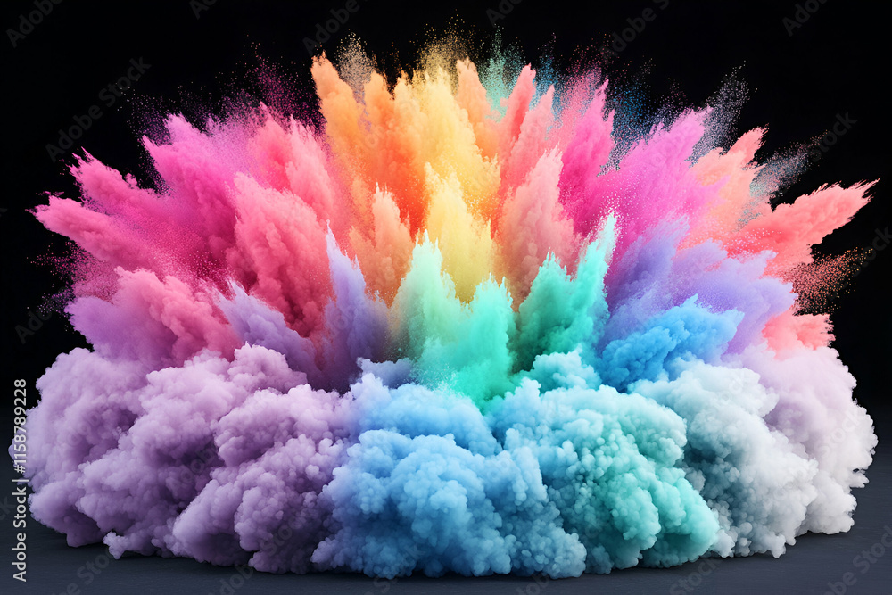 Poster rainbow color explosion, a vibrant burst of hues expands dynamically across the dark background