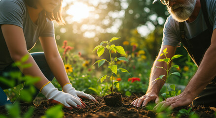Couple, planting and garden for nature, activity and care, growth or support, together. People, outdoor and gardening with earth, soil or sustainability for environment, community or help