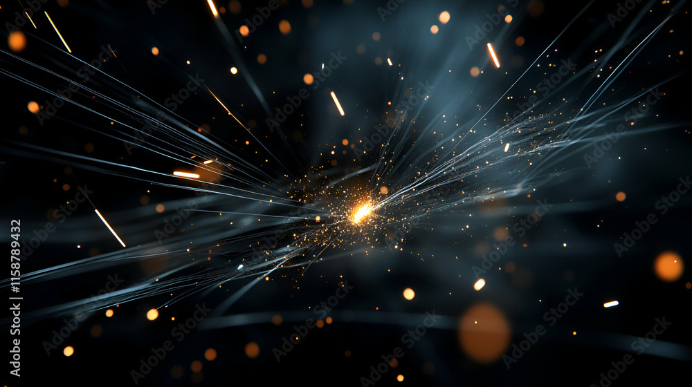 Poster glowing energy burst, radiance explodes dynamically, illuminating the dark void with bright sparks. 
