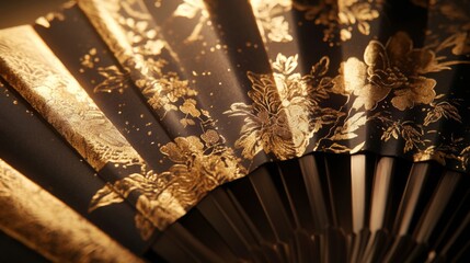 Elegant Black Hand Fan With Gold Floral Design