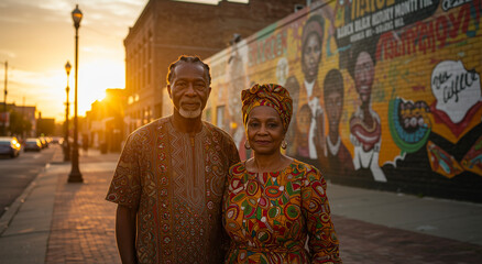 Fototapeta premium Senior African couple, portrait on street with mural, love and community concept. Ethnic people, mature man and woman with happiness and culture outdoors for heritage or connection