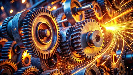 Rusty gears in vertical flight, 4K night view.