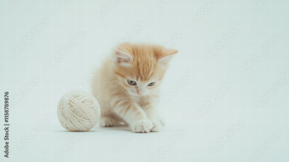 Aufkleber cute kitten plays joyfully with a ball of yarn on a soft white surface during daytime. generative ai