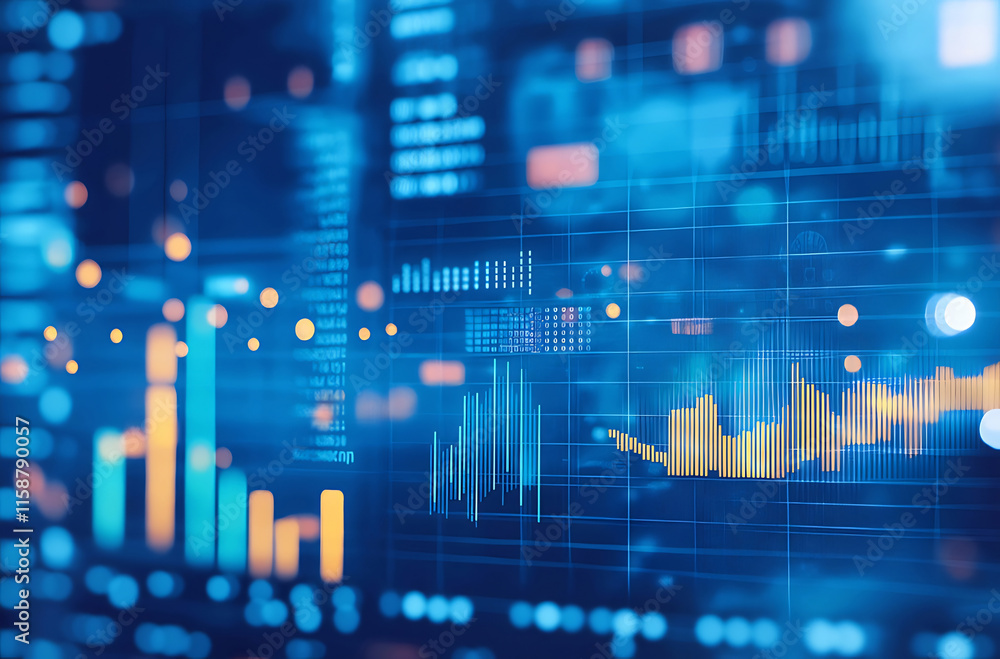 Poster abstract digital data visualization with graphs, charts, and glowing elements on a dark blue backgro