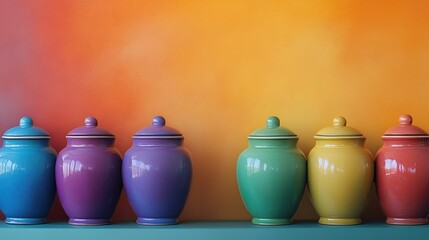 Vibrant row of colored urns with gradient background for decor