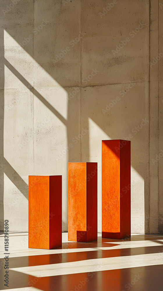 Poster sunlit orange cubes in minimalist concrete space: three rectangular blocks stand against a wall, bat