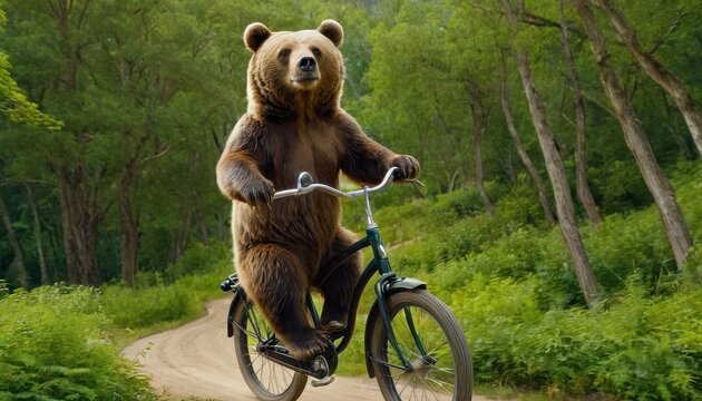 A whimsical bear riding a turquoise bicycle on a sunny forest trail, surrounded by vibrant wildflowers. A fun and surreal depiction of nature with a humorous twist