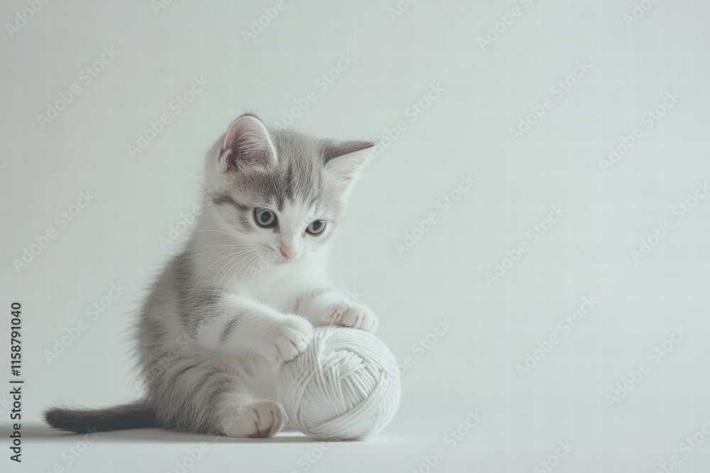 Poster cute kitten joyfully playing with a soft ball of yarn in a bright indoor setting during afternoon li