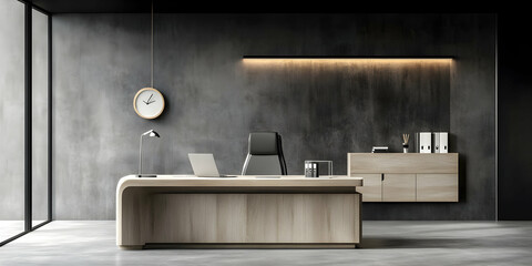 Modern Minimalist Office, Desk, Chair, & Storage in Concrete Room