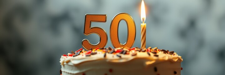 Celebration of a milestone birthday with a cake featuring a golden 50 candle on top surrounded by colorful sprinkles