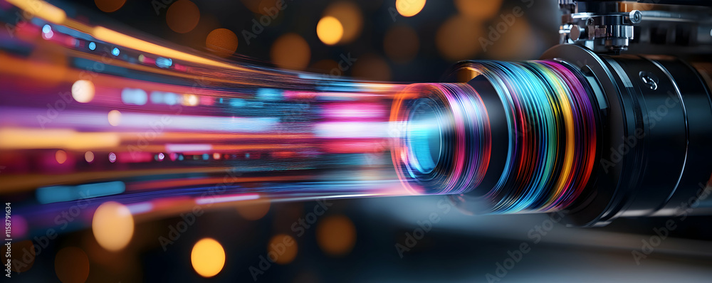 Poster vibrant data streams flowing through camera lens: capturing digital information rapidly and vividly.