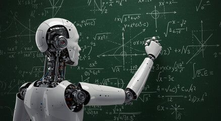 Robot, chalkboard and writing with formula, math and ai for education, machine learning or technology. Artificial intelligence, education and development with science, problem solving or calculation