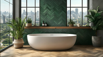 Fototapeta premium Modern Bathroom Design, Freestanding Tub, Green Tiles, City View