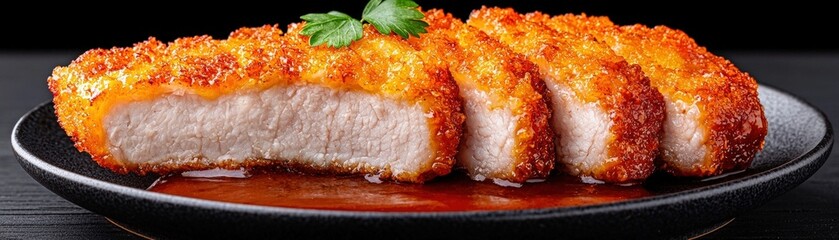 Crispy Breaded Chicken Cutlet Served on a Black Plate with Garnish and Sauce Drizzle