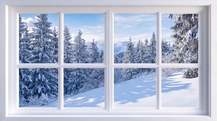 Modern residential window view of snowy background,christmas tree and gift boxes.Snowy glittering winter landscape with space for products and decorations,Happy christmas time,snowfall.