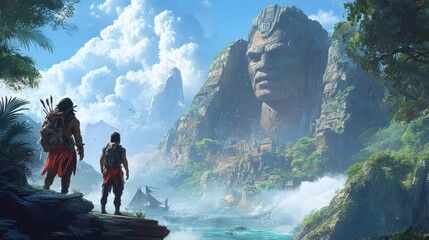 Two Adventurers Discover a Giant Stone Face on a Lush Island