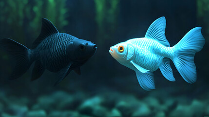 Aquatic Opposites, Black and Blue Fish Swim Gracefully in Underwater Paradise, Exhibiting Striking Contrast and Serenity.