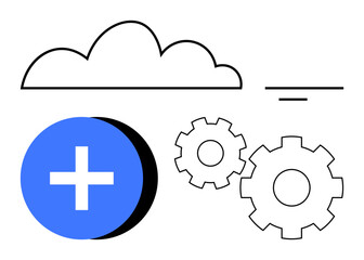 Obraz premium Cloud shape with two gears, blue circle with plus sign, and parallel lines. Ideal for tech services, cloud computing, system integration, IT development, application setup, engineering innovation