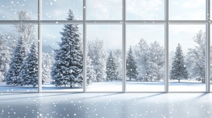 Fototapeta premium Modern residential window view of snowy background,christmas tree and gift boxes.Snowy glittering winter landscape with space for products and decorations,Happy christmas time,snowfall.