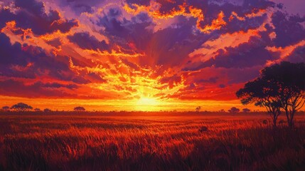Fototapeta premium Fiery sunset over African savanna grassland.