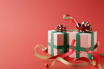 golden red green and green ornaments hung from a chandelier, 3d illustration of two light red gift boxes with bows and ribbons