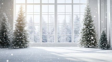 Fototapeta premium Modern residential window view of snowy background,christmas tree and gift boxes.Snowy glittering winter landscape with space for products and decorations,Happy christmas time,snowfall.