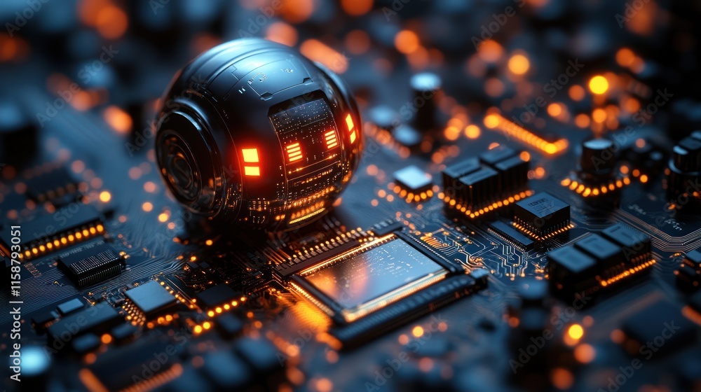 Poster futuristic metallic sphere robot on circuit board.