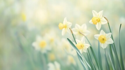 Fototapeta premium A close-up of delicate yellow daffodils against a soft spring meadow backdrop, aerial shot, Naturalistic style