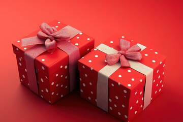 Homemade ornaments made from paper or felt, 3d illustration of two light red gift boxes with bows and ribbons