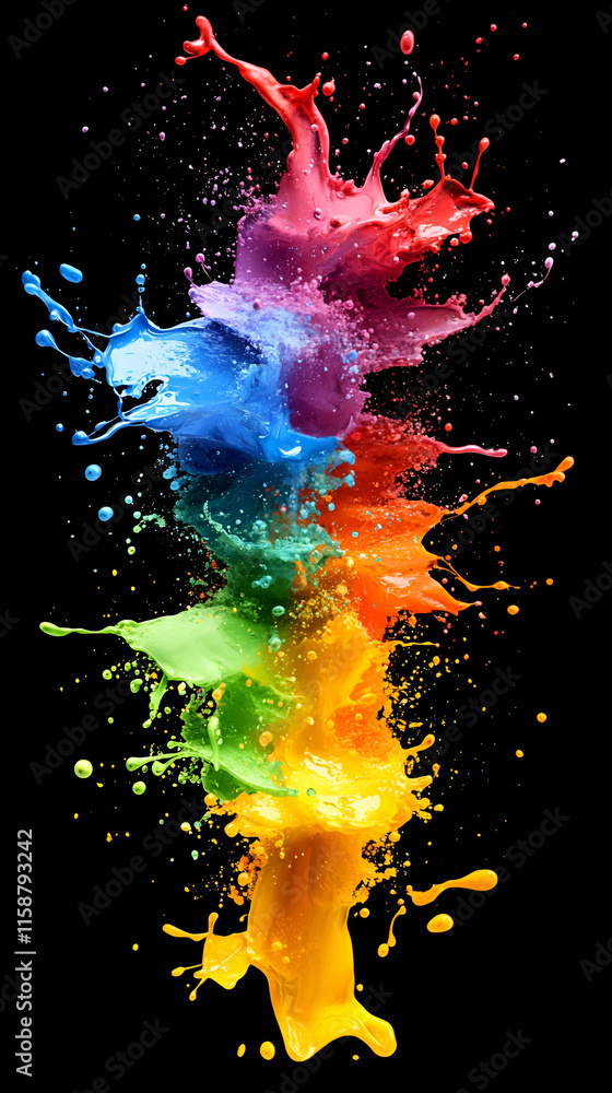 Poster rainbow paint explosion, vibrant hues burst dynamically, creating a spectacular visual symphony of c