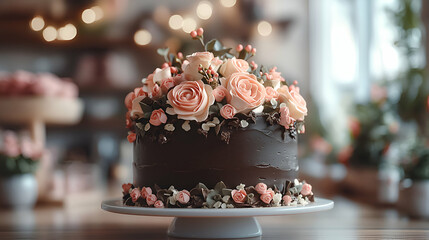 Chocolate Cake Decorated with Delicate Pink Roses, sits beautifully on a cake stand.  A delightful confection, perfect for celebrations.