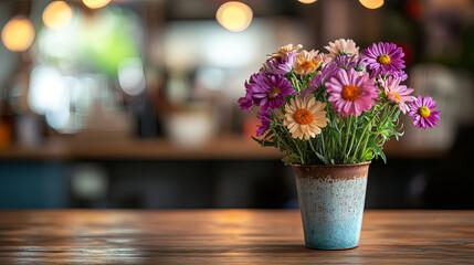 vibrant bouquet of colorful flowers in rustic pot on wooden table