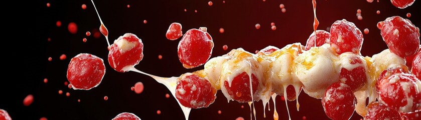 Delicious Red Berries with Melting Cream and Dripping Honey on a Black Background